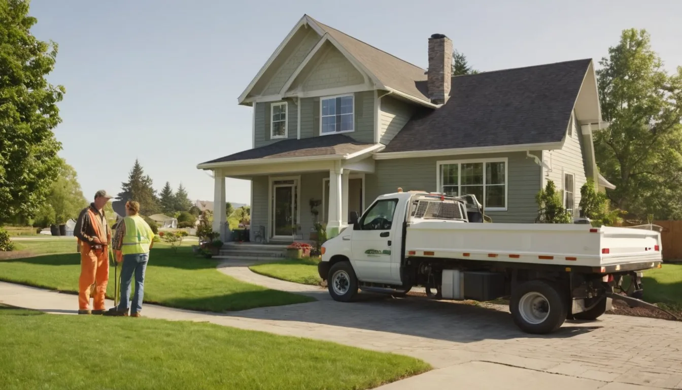 A homeowner talking with a septic provider beside a frame house near Independence