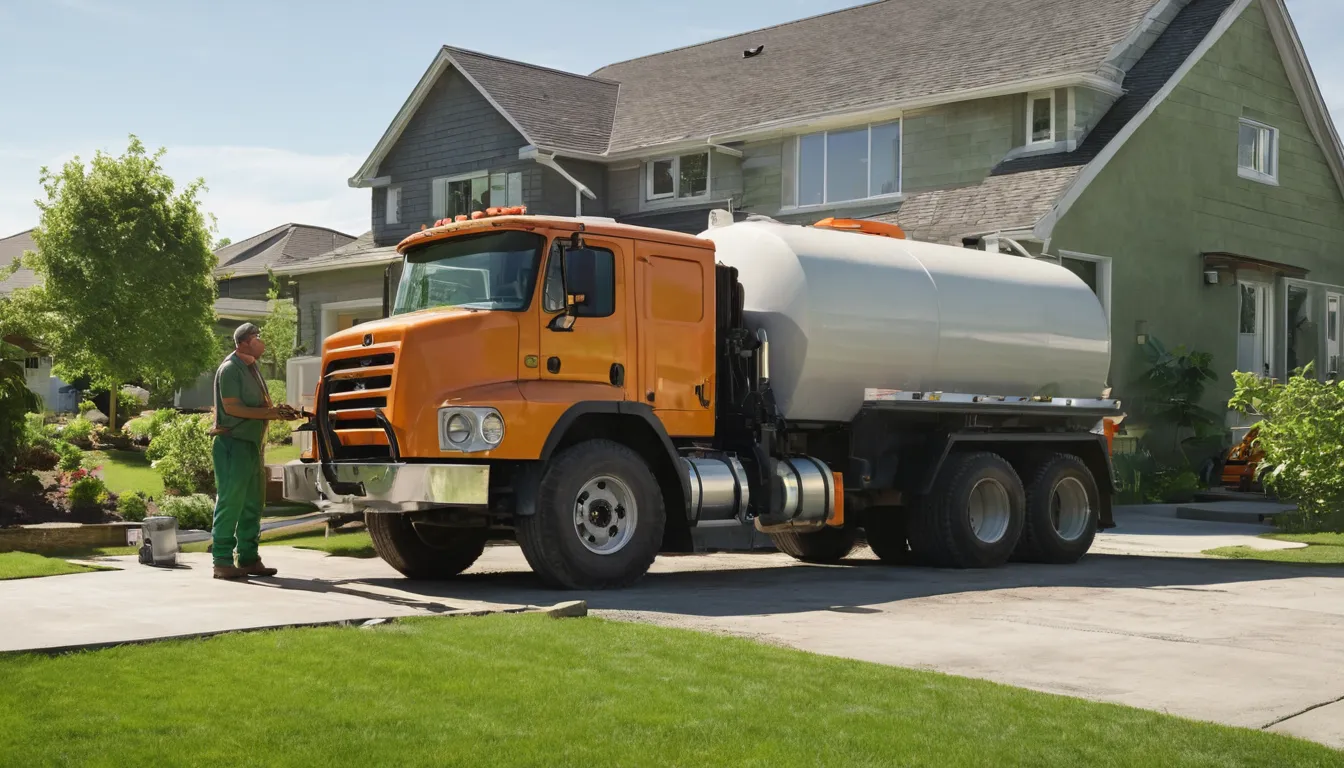 A friendly septic provider checking an open tank lid in a yard behind an older home near Independence